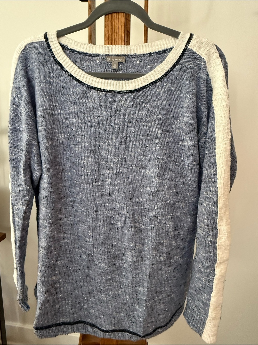 Talbots Blue Marled Crew Sweater with White Shoulder Stripe